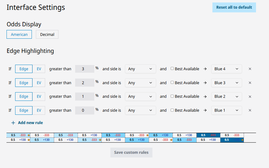 Betstamp Pro Interface Settings panel — American/Decimal odds toggle plus Edge Highlighting rules ladder (Edge > 3% → Blue 4, > 2% → Blue 3, > 1% → Blue 2, > 0% → Blue 1) with a preview grid